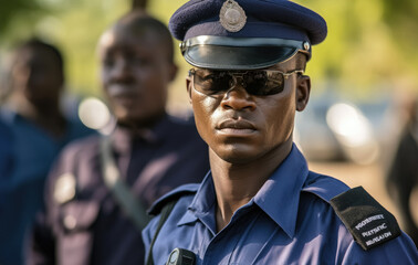 Obraz premium African American man working as police officer or cop, closeup portrait, blurred city background. Generative AI