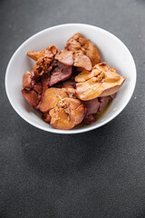 chicken liver confit boiled chicken offal meat meal food snack on the table copy space food background rustic top view keto or paleo diet