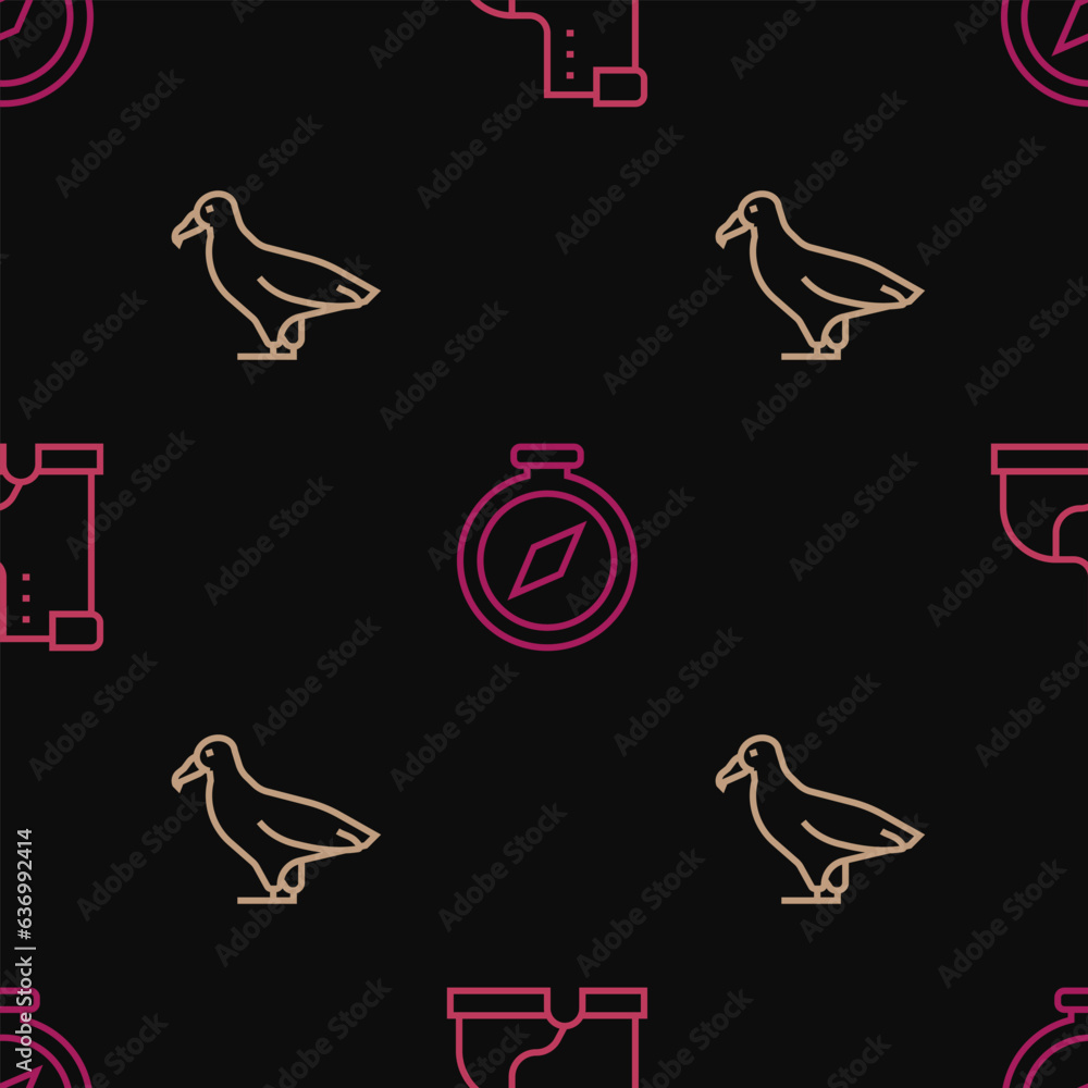 Poster set line winter warm boot, albatross and compass on seamless pattern. vector