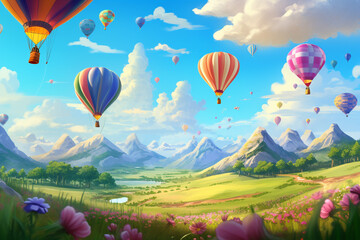 Fototapeta premium Hot air balloons fly in sunset sky against background. 