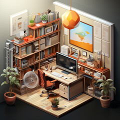 Contemporary home office interior with computer, desk and modern design decorations, isometric 3D illustration. 