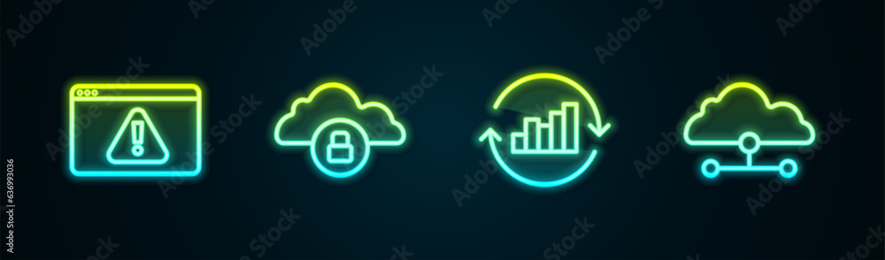 Poster set line browser with exclamation mark, cloud computing lock, pie chart infographic and network clou