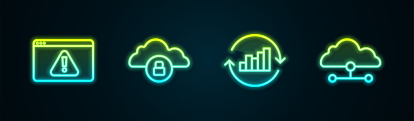 Set line Browser with exclamation mark, Cloud computing lock, Pie chart infographic and Network cloud connection. Glowing neon icon. Vector