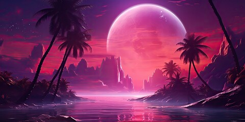 AI Generated. AI Generative. Vintage tetro syntwave retrowave vaporwave nature outdoor landscape decoration background. Can be used for game movie or music concept