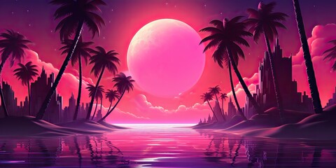 AI Generated. AI Generative. Vintage tetro syntwave retrowave vaporwave nature outdoor landscape decoration background. Can be used for game movie or music concept