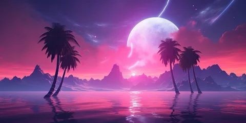 Tafelkleed AI Generated. AI Generative. Vintage tetro syntwave retrowave vaporwave nature outdoor landscape decoration background. Can be used for game movie or music concept © Graphic Warrior