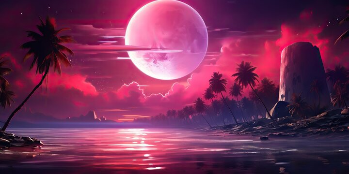 AI Generated. AI Generative. Vintage tetro syntwave retrowave vaporwave nature outdoor landscape decoration background. Can be used for game movie or music concept