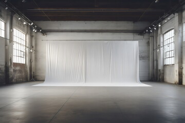 white photography studio backdrop with lighting rig in huge open warehouse space