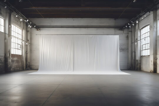 White Photography Studio Backdrop With Lighting Rig In Huge Open Warehouse Space