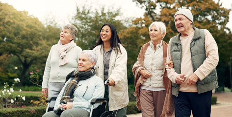 Friends, walking and elderly people in park for bonding, wellness and quality time together...