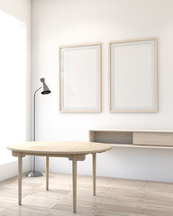 mock up poster photo frame in living room interior design cream white wall book shelf wooden, vase, decorative lamp, armchair. 3D render