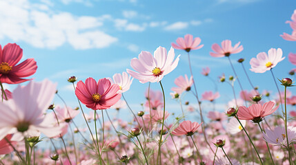 Obraz premium Cosmos flowers field on sunny day.