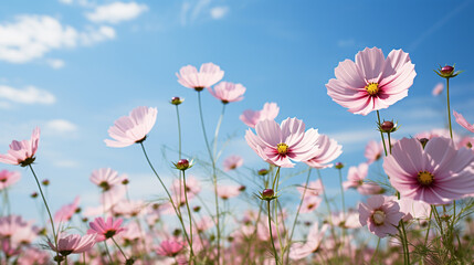 Cosmos flowers field on sunny day.