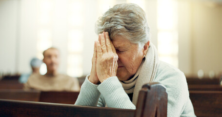 Worship, praying or old woman in church for God, holy spirit or religion in cathedral or Christian...