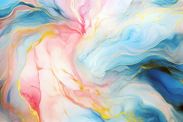 Obraz premium Abstract colorful fluid background, multicolored watercolor paints and thin golden lines. Generative AI