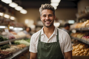 A 30 years old man store worker smiles. White short hairs. Retail store, grocery, bakery, pharmacy. Image created using artificial intelligence.