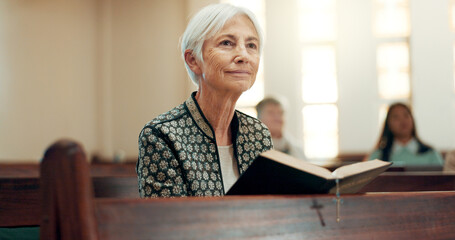 Bible, religion and a senior woman in a church for a sermon on faith or christian belief while...