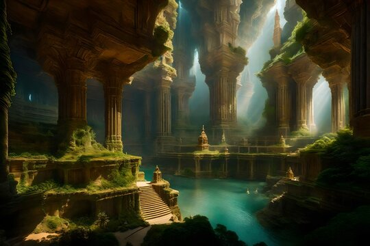 Agartha is a mythical realm often depicted as an intricate subterranean city hidden beneath the Earth's surface - AI Generative