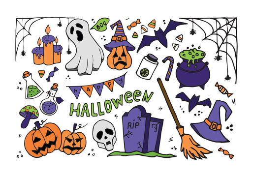 Big Set Halloween pictures in doodle style isolated on white  background. Vector illustration