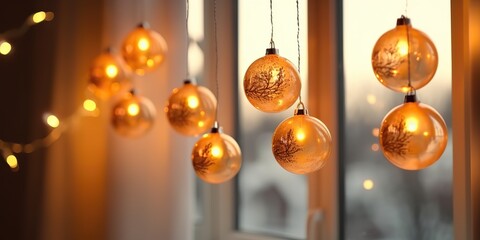 AI Generated. AI Generative. Merry Christmas New Year xmas holiday celebration ligh balls decoration glowing garland background. Graphic Art