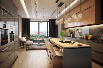 Stylish apartment interior with modern kitchen