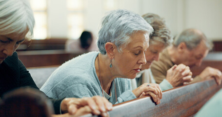 Elderly, prayer or old woman in church for God, holy spirit or religion in cathedral or Christian...