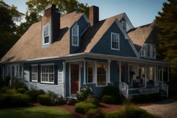 Fototapeta na wymiar Cape Cod-style house with shingles and a central chimney - AI Generative