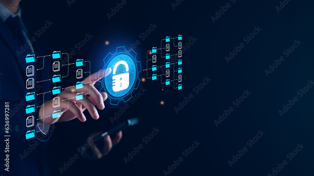 Poster data security concept, concerns over data privacy and cybersecurity will continue to escalate. inves