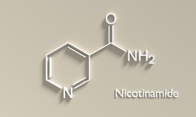 Nicotinamide or niacinamide molecule. It is vitamin B3 found in food, used as a dietary supplement. Structural chemical formula. 3D render