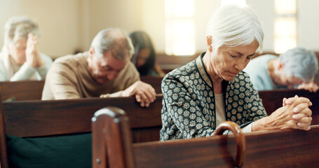 Gospel, prayer or old woman in church for God, holy spirit or catholic religion in cathedral or...