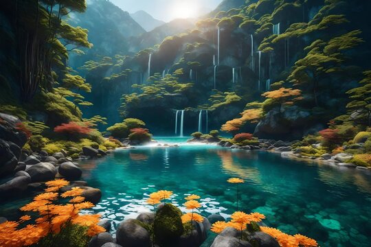 Combine natural landscapes with augmented reality elements to produce a design that blurs the line between the real and digital worlds - AI Generative