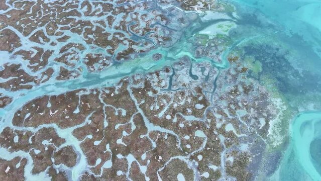 Natural pattern in salt pans and marsh in Fuseta in the district of Faro. Aerial view from a drone. Marshes and salt flats of the Ria Formosa Natural Park. Atlantic Ocean. Algarve. Portugal. Europe