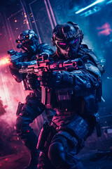 Fototapeta premium Futuristic soldiers in black helmets with weapons in their hands. Generative AI
