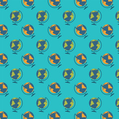  Seamless pattern with globes on a turquoise background, vector illustration.