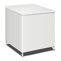 Blank white square portable exhibition counter with metal legs vector mockup. Trade show promotional table display stand realistic mock-up. Template for design