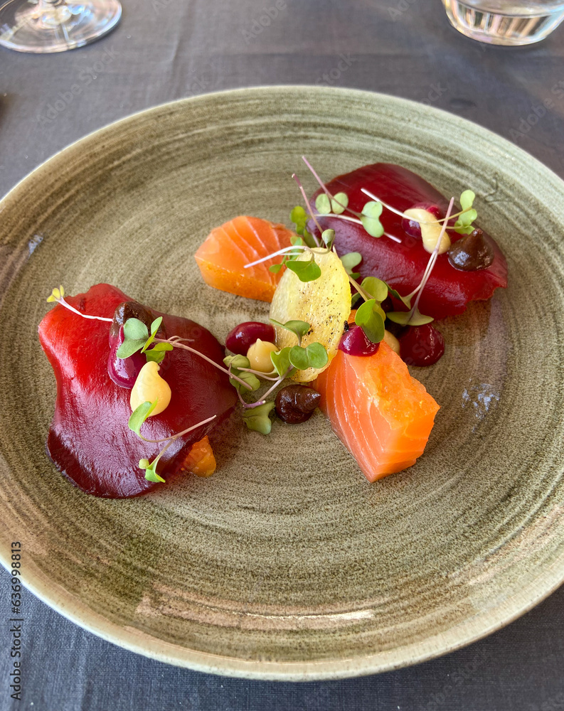 Canvas Prints Gravlax de saumon, citron confit et bettrave, cuisine française gastronomique