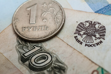 close up of heap of Russian banknotes