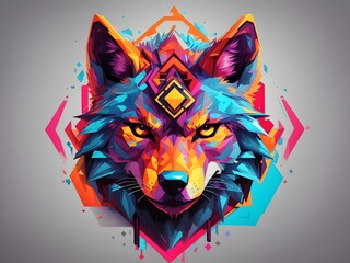 Colorful wolf head on a background of geometric shapes. Vector illustration. Ai generative