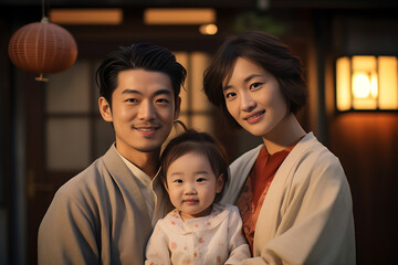 In a traditional Japanese home, a couple in traditional attire holds their newborn in a close-up portrait, radiating a harmonious and traditional family mood. Generative AI.