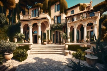 Mediterranean-style mansion with a grand entrance and landscaped gardens - AI Generative