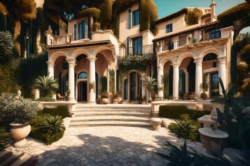 Obraz premium Mediterranean-style mansion with a grand entrance and landscaped gardens - AI Generative