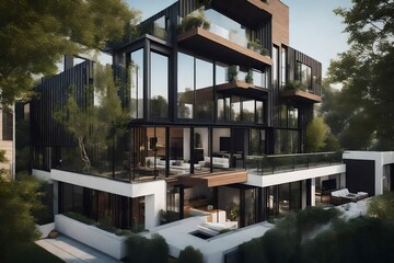 Modern townhouse with clean lines and a rooftop terrace - AI Generative