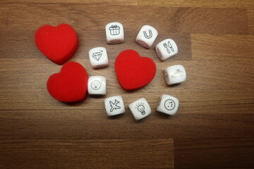 hearts and various dices design for love story and affection concept