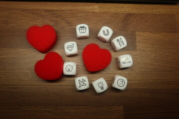 hearts and various dices design for love story and affection concept