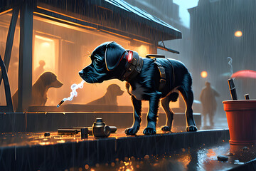 Fototapeta na wymiar puppy smoking under a roof on a rainy day. Generative AI