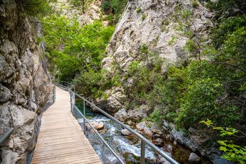 Sapadere canyon with wooden paths and cascades of waterfalls in the Taurus mountains near Alanya, Turkey