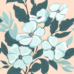 Seamless pattern. Apple tree flowers. Blue flowers on a pink background. Romantic flat style