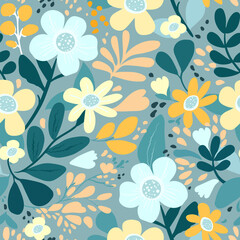 Seamless floral pattern. Naive style, simple garden flowers. flat style. Pastel colors.  - 637000475