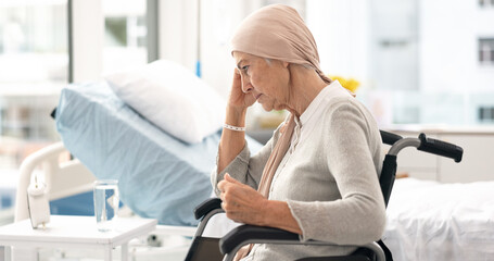 Cancer, Parkinson and angry elderly woman at hospital in wheelchair frustrated after chemotherapy...