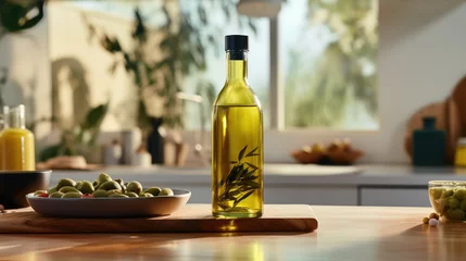 Fotobehang Bottle of olive oil and olives on wooden table in kitchen © Анастасия Козырева